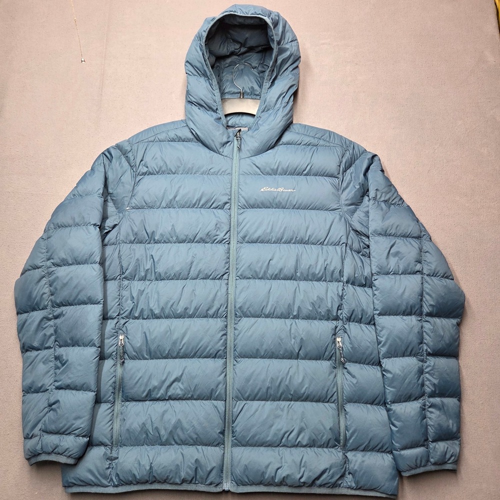 Eddie Bauer EB650 Down Puffer Jacket Mens XL Blue Hooded Full Zip Insulated